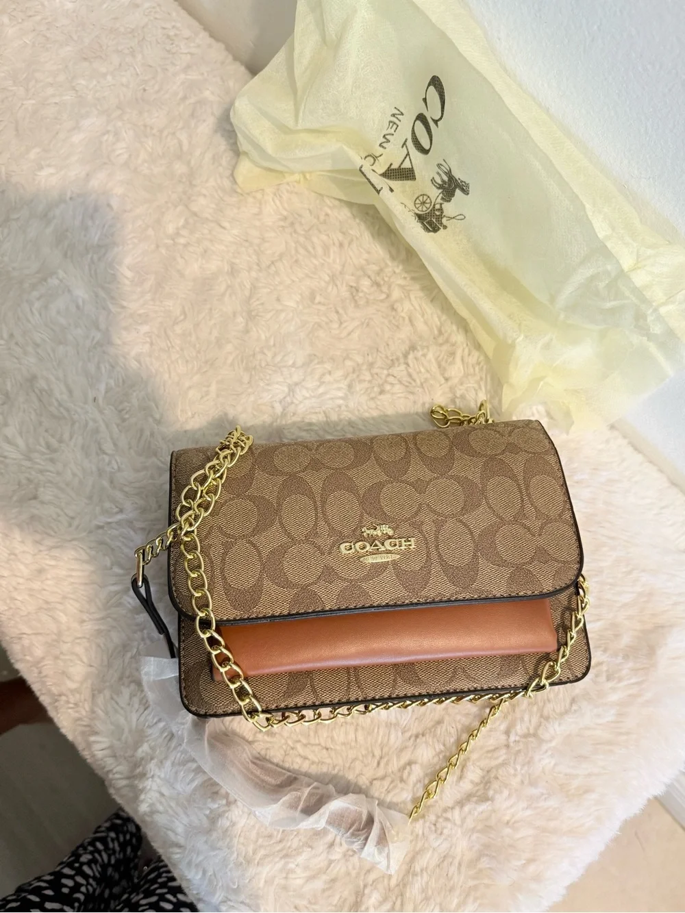 Coach Tan Signature Canvas Crossbody with Gold Chain